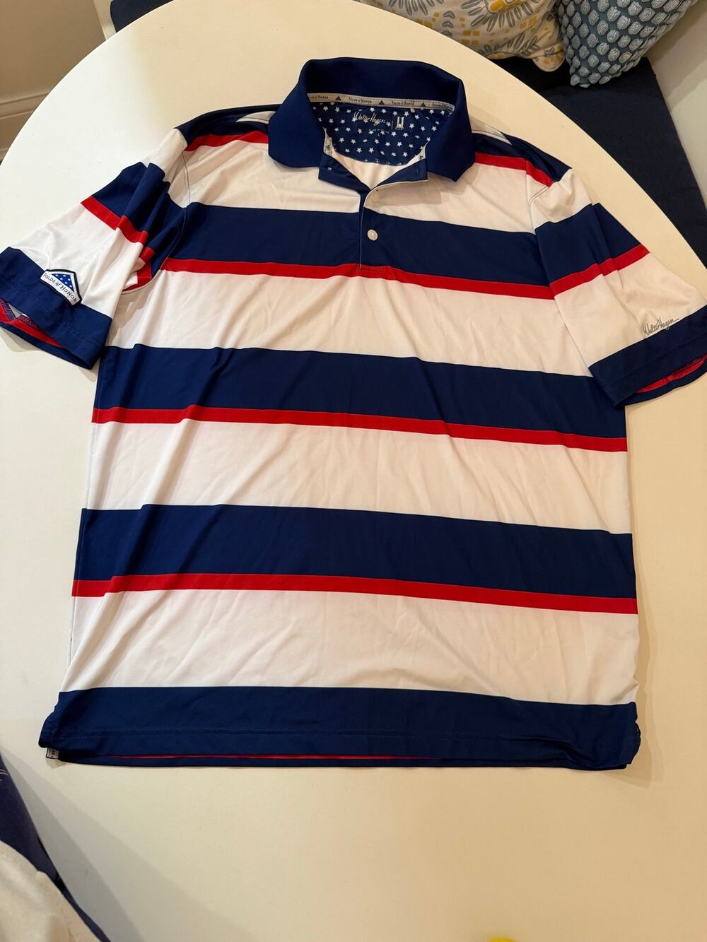Walter Hagen Folds of Honor Rugby Stripe Polo Large Navy Blue